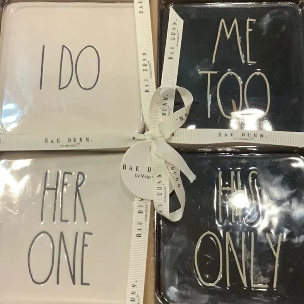 NWT Rae Dunn by Magenta Wedding Coasters Ceramic I Do Me Too His Only Her only